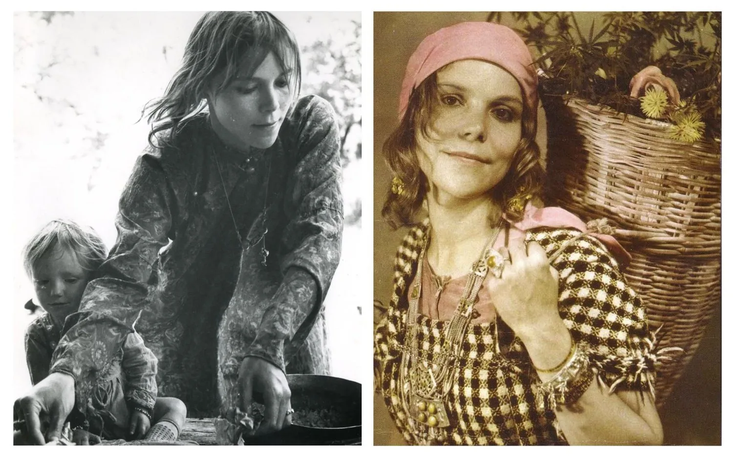 Side-by-side portraits of women in vintage style: one in black and white with a child, and the other in color wearing jewelry and a headscarf with a basket