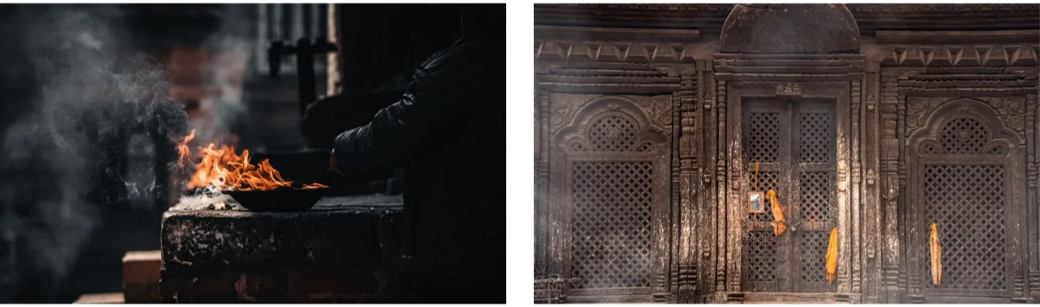Side-by-side photos showing a ritual fire burning in a stone vessel with smoke rising, and an ornate wooden door decorated with lattice patterns and tied with orange cloth strips