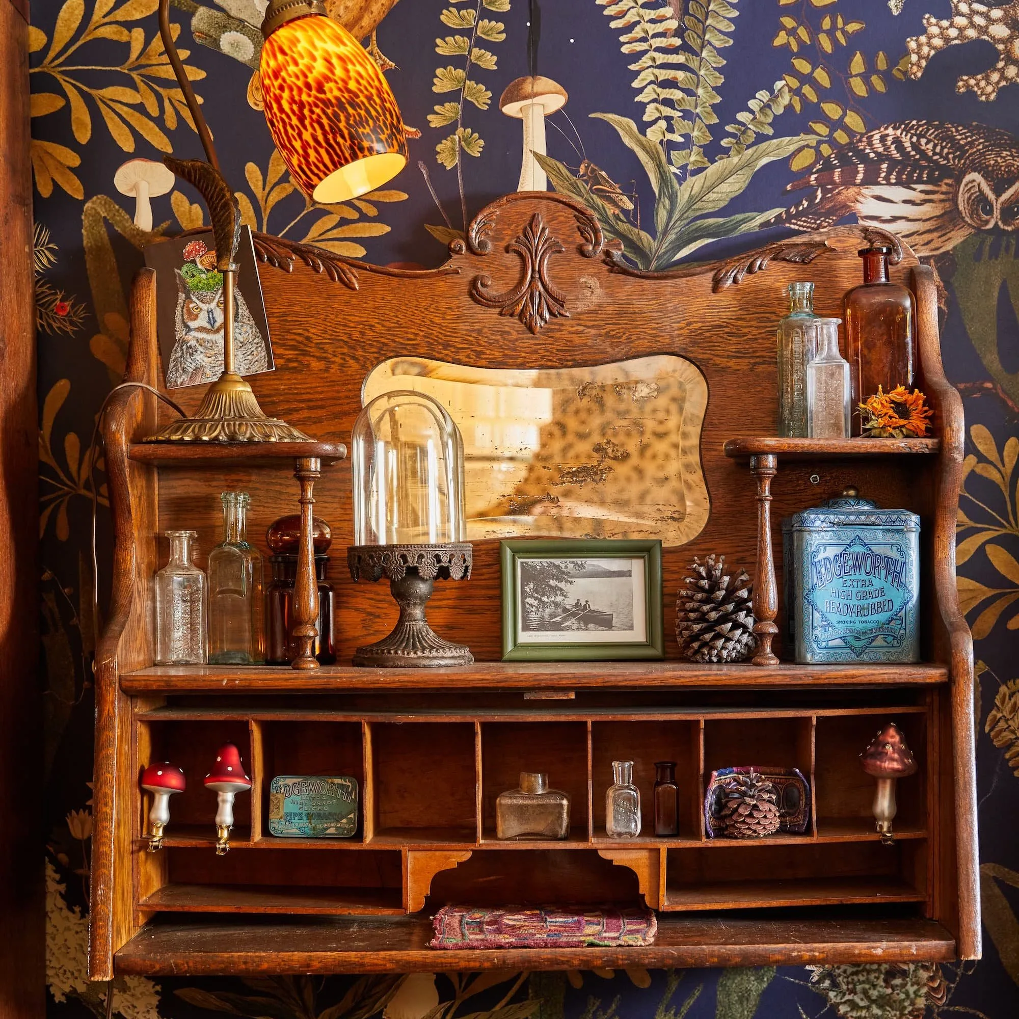 Antique wooden shelf with decorative items including vintage glass bottles, a small framed photo, a decorative lamp, and a cloche over a pinecone, set against a floral wallpaper background featuring mushrooms and ferns.