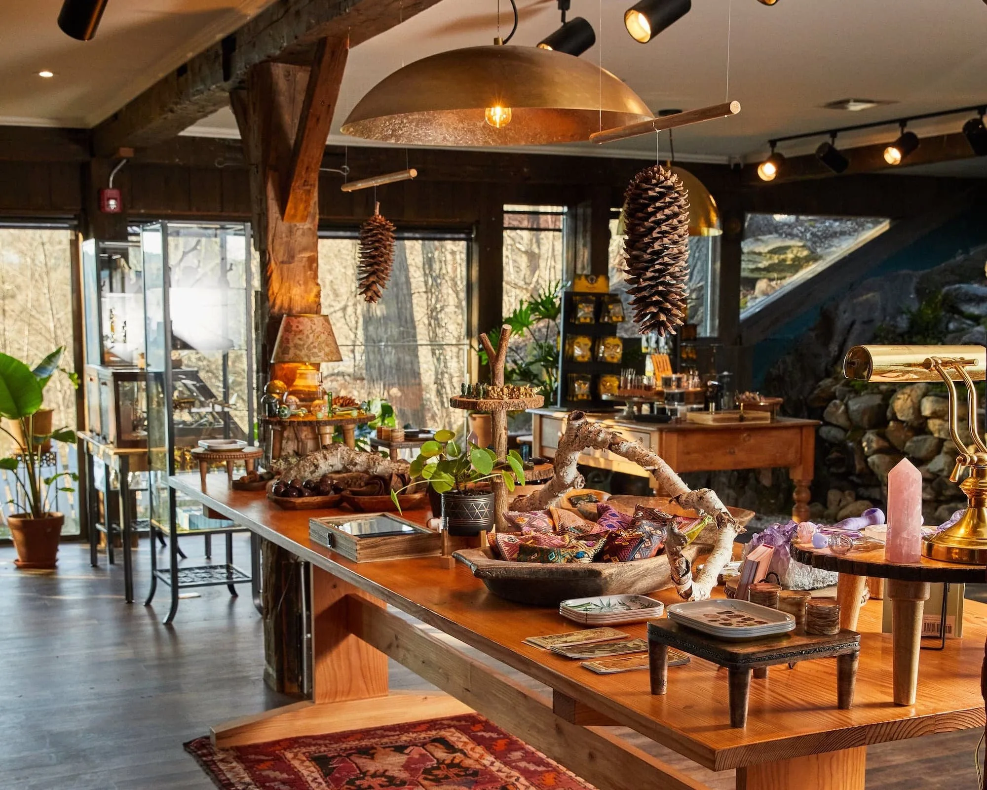 Cozy interior of a boutique shop featuring wooden tables adorned with crystals, plants, and various artisanal items, illuminated by warm lighting. Large windows provide natural light and a view of the outdoors, enhancing the inviting atmosphere.