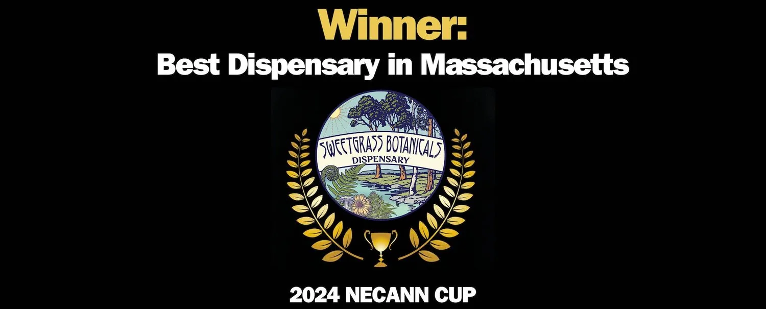 Award graphic showing 'Winner: Best in Massachusetts' with the Sweetgrass Botanicals logo, golden laurel leaves, and a trophy for the 2024 NECANN Cup