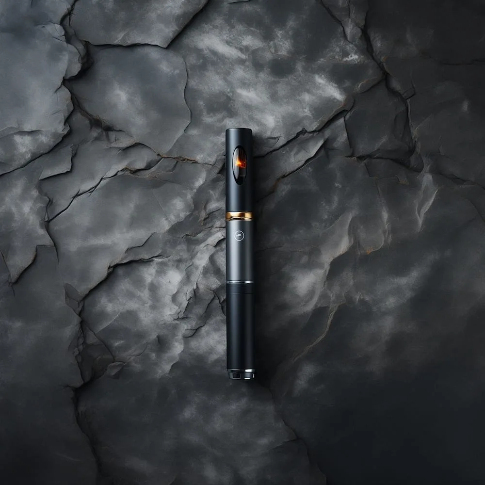 Black vaporizer pen on a textured dark stone surface, showcasing a sleek design with a clear window to view the cartridge. Ideal for discreet vaping sessions.